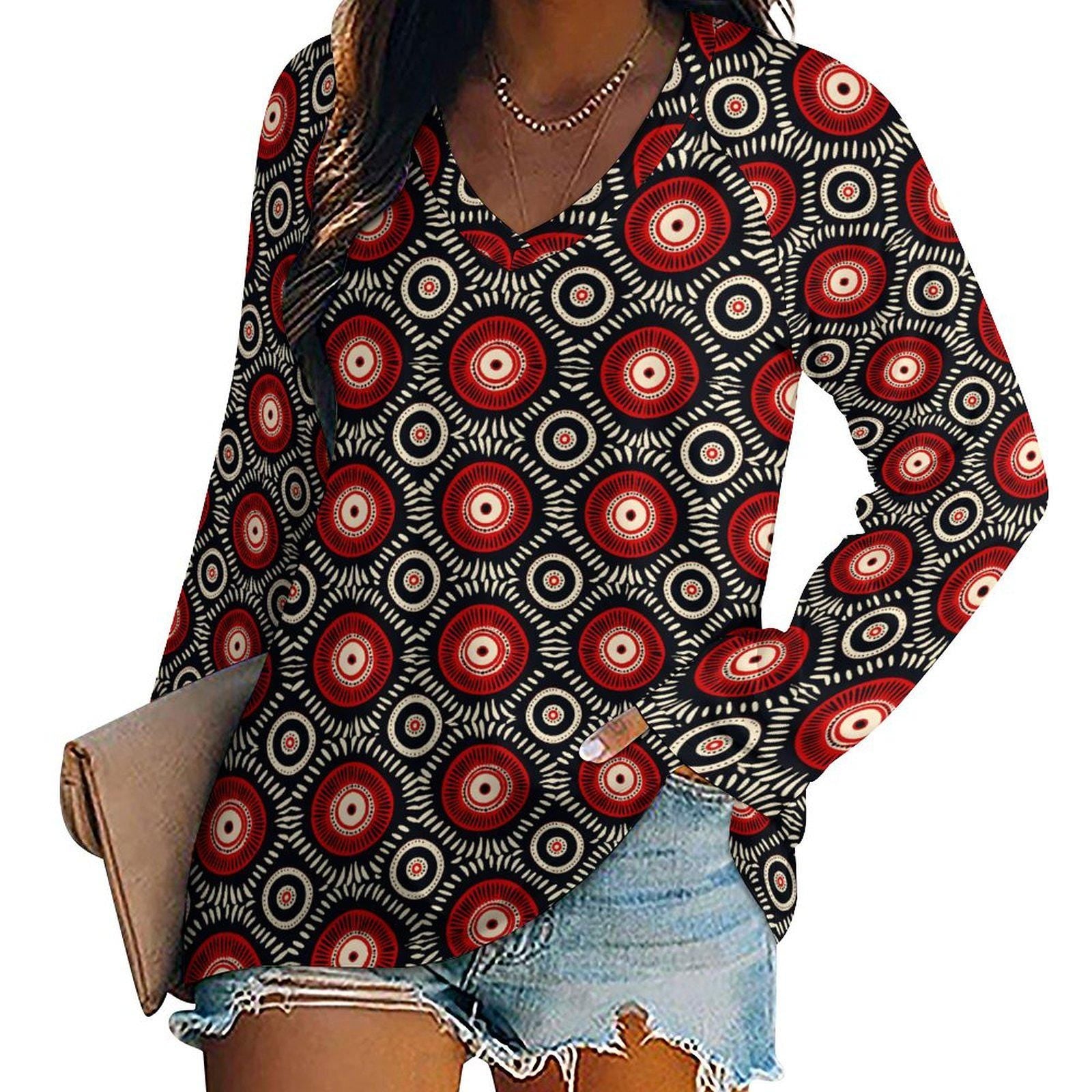 Bulls eye -Womens - V-neck Loose Long Sleeve T-shirt - African - Ankara Pattern