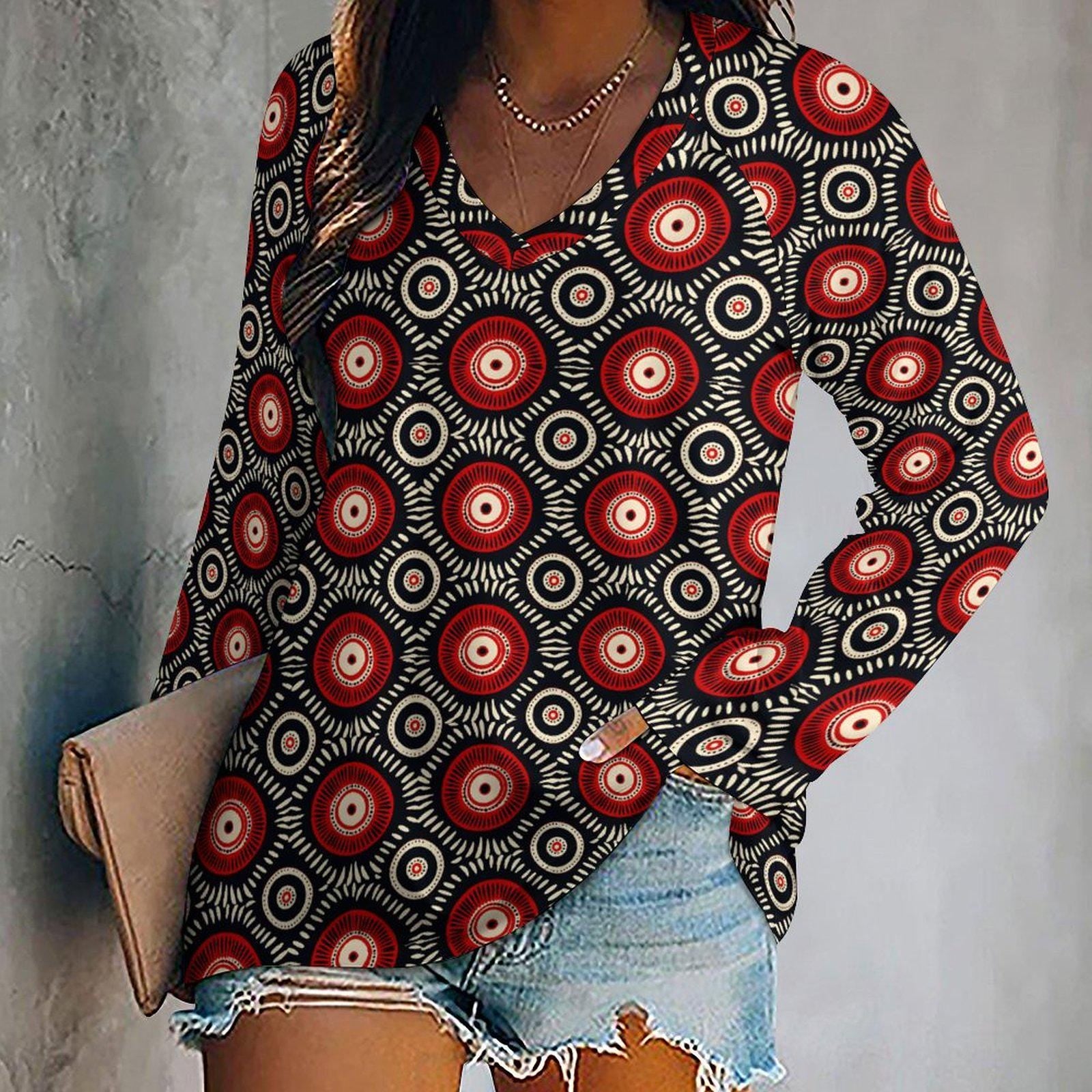 Bulls eye -Womens - V-neck Loose Long Sleeve T-shirt - African - Ankara Pattern