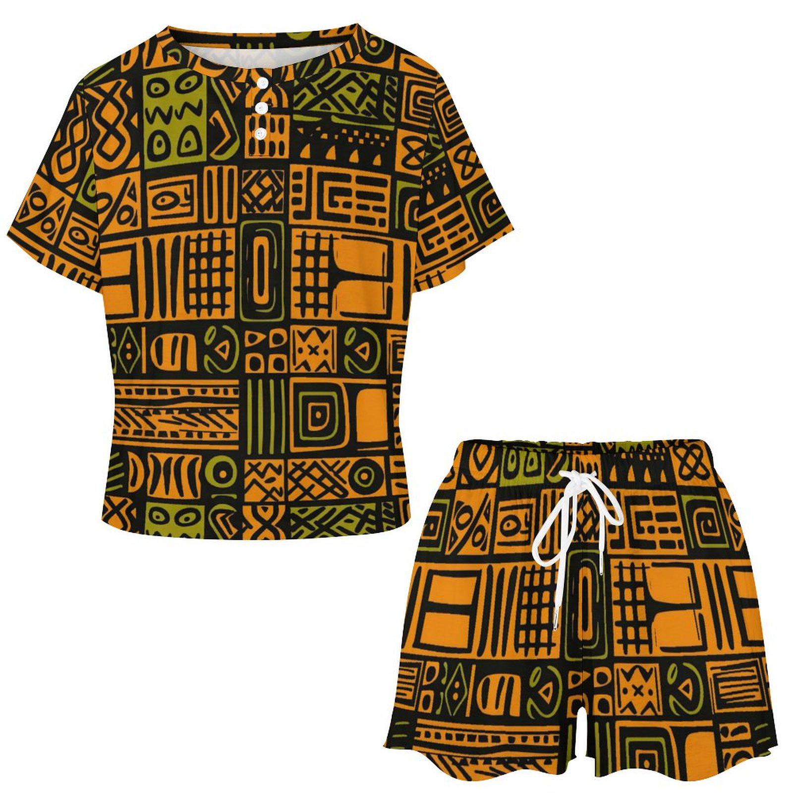 Wood Carving - Womens - Short Pajama Set - African - Mud Cloth Pattern - Sets - KumbatiaKulture