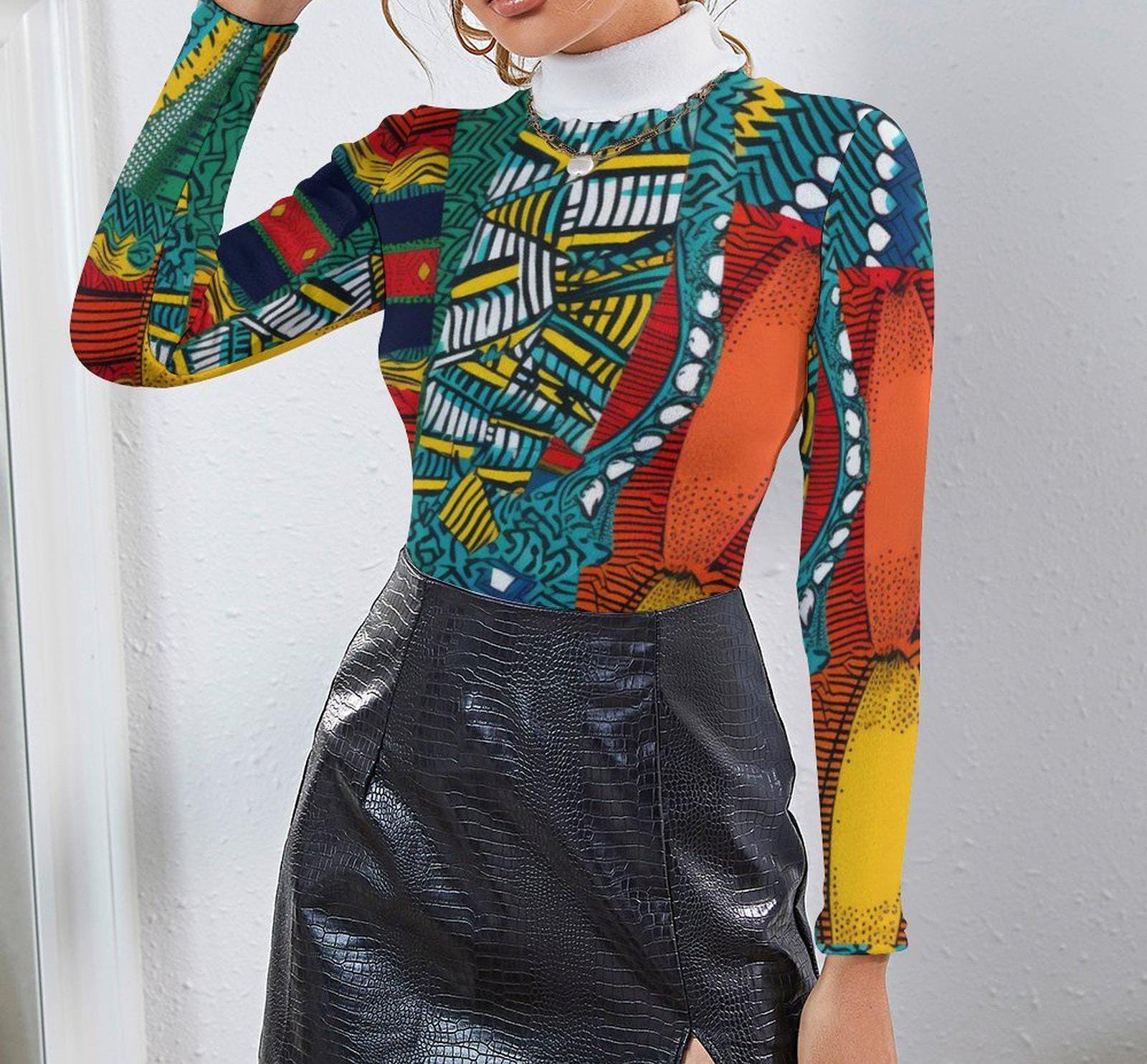 Collage - Womens -  Long Sleeve Turtleneck Sweater - African Ankar Pattern