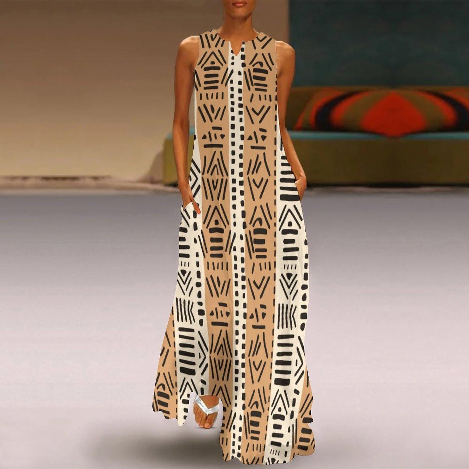 Brown Tones - Womens - Sleeveless Ankle-length Dress - African - Mud Cloth Pattern