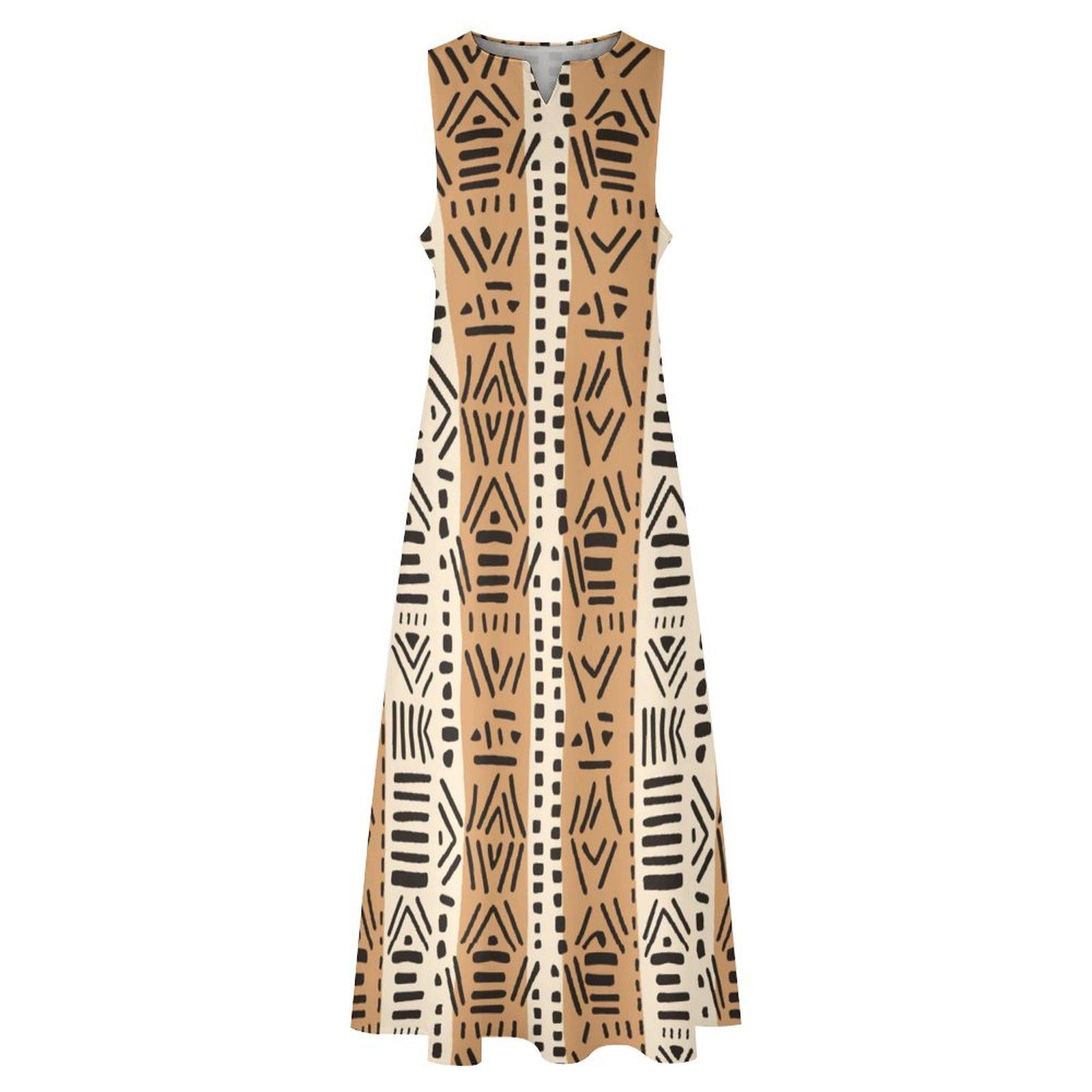 Brown Tones - Womens - Sleeveless Ankle-length Dress - African - Mud Cloth Pattern