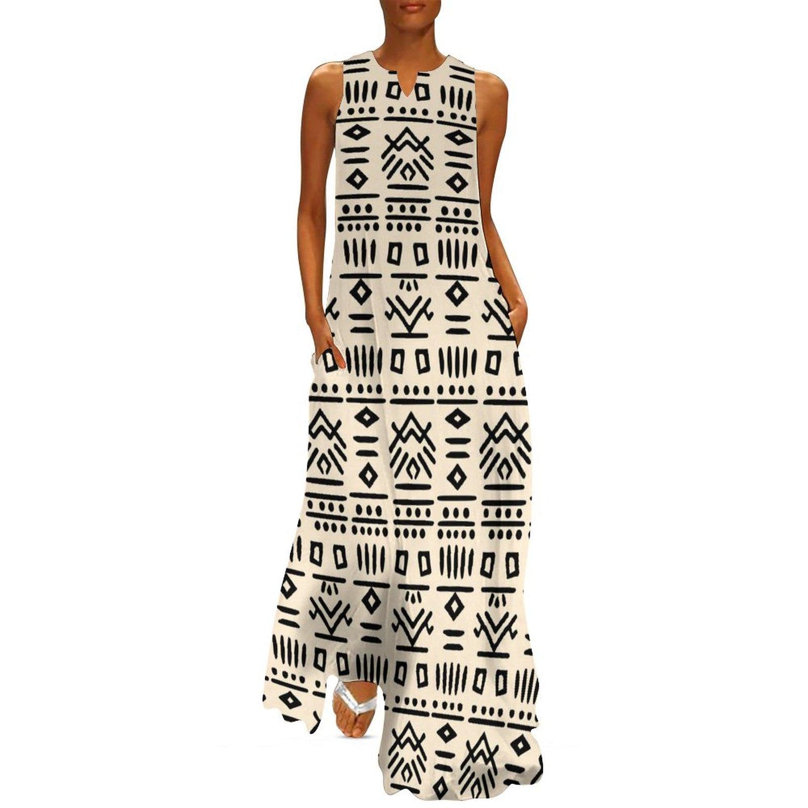 Neutral Blk -  Womens - Sleeveless Ankle-length Dress - African - Mud Cloth Pattern