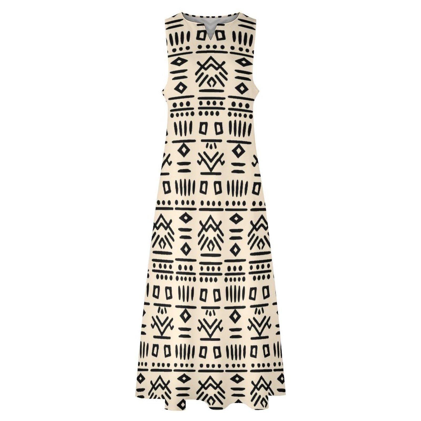 Neutral Blk -  Womens - Sleeveless Ankle-length Dress - African - Mud Cloth Pattern