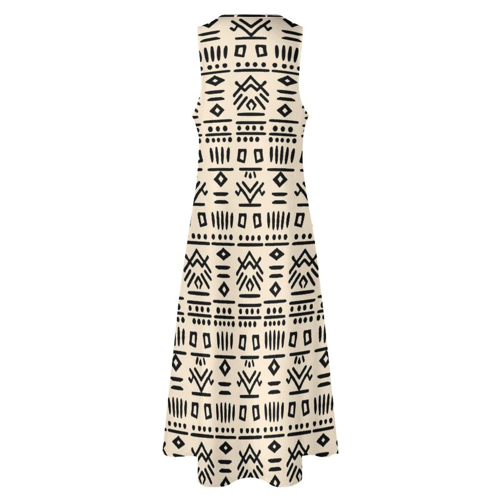 Neutral Blk -  Womens - Sleeveless Ankle-length Dress - African - Mud Cloth Pattern