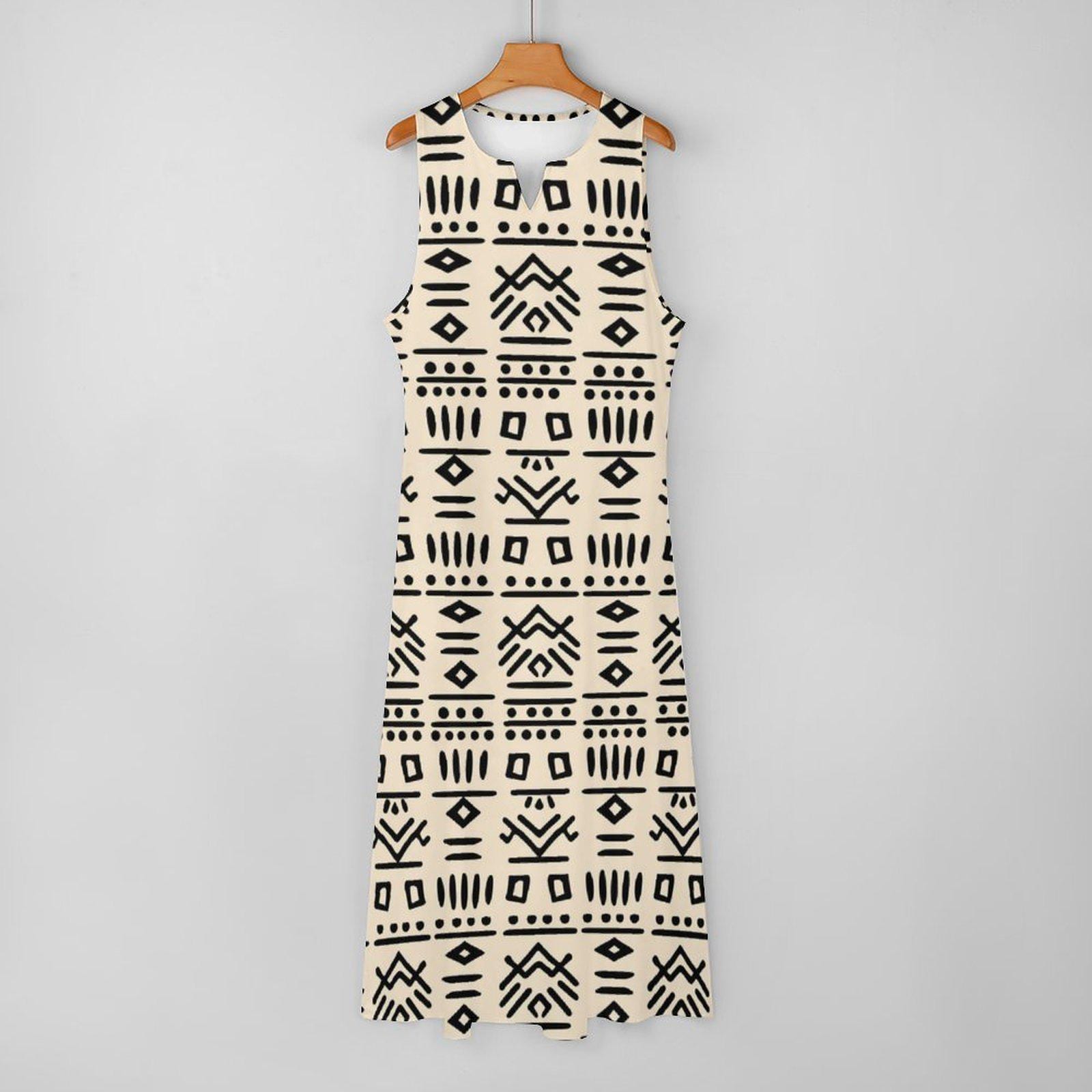 Neutral Blk -  Womens - Sleeveless Ankle-length Dress - African - Mud Cloth Pattern