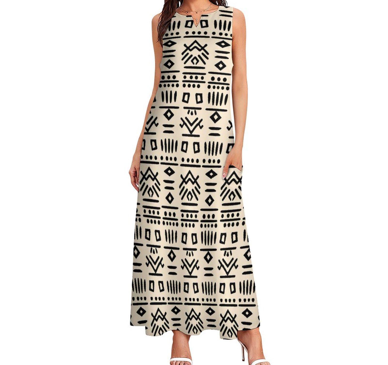 Neutral Blk -  Womens - Sleeveless Ankle-length Dress - African - Mud Cloth Pattern