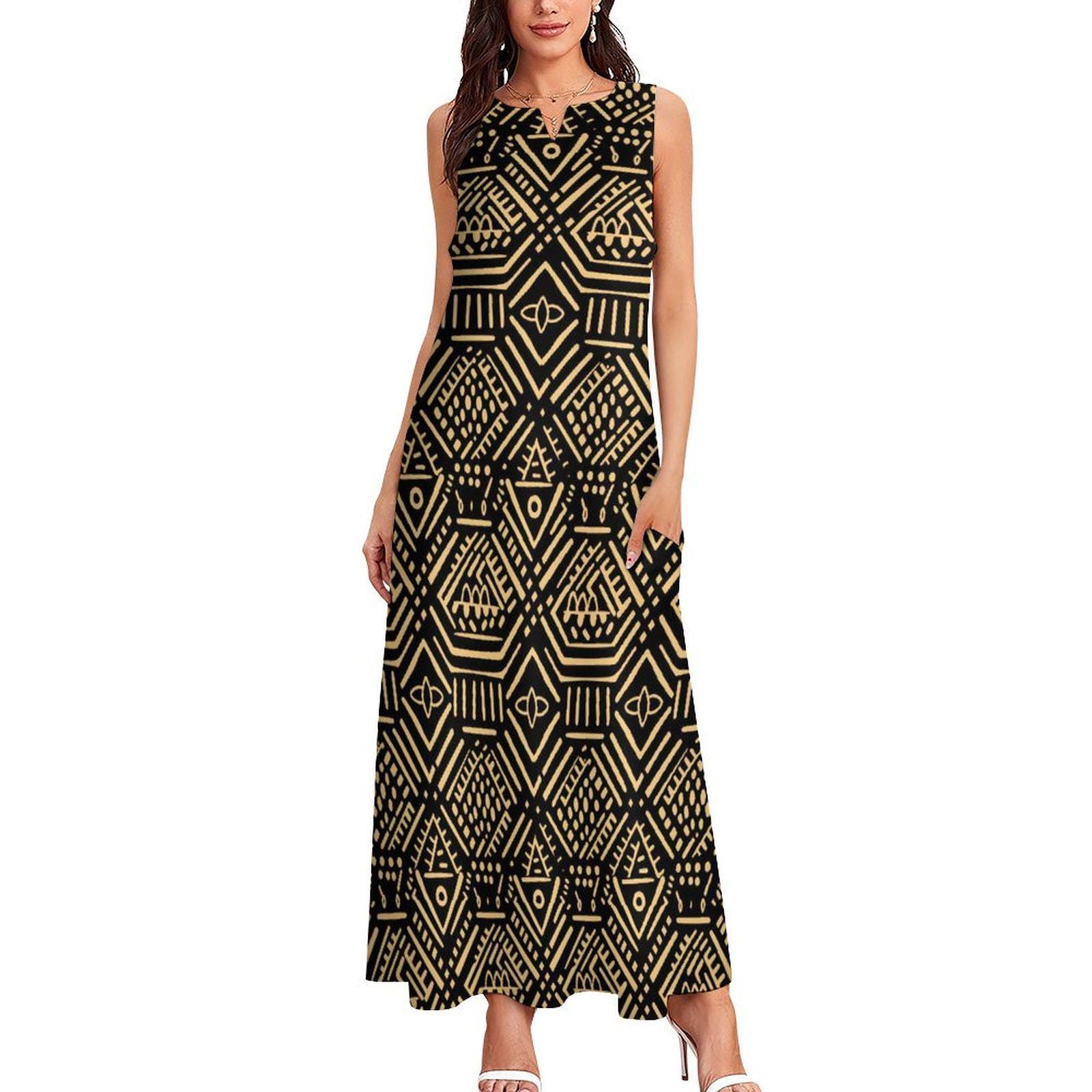 Blk Afrocentric - Womens - Sleeveless Ankle-length Dress - African - Mud cloth Pattern - Dresses - KumbatiaKulture