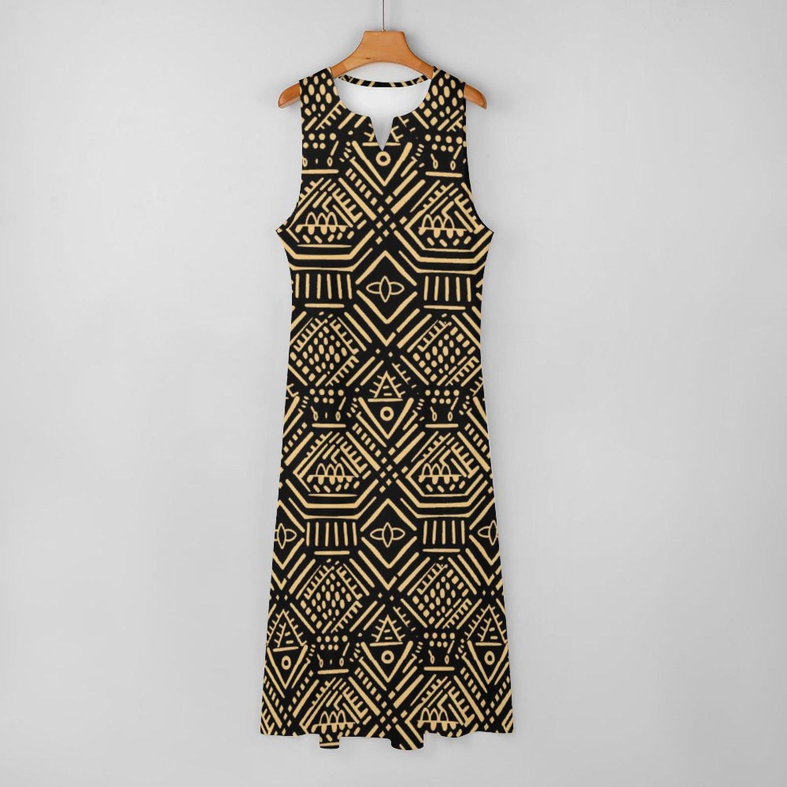 Blk Afrocentric - Womens - Sleeveless Ankle-length Dress - African - Mud cloth Pattern - Dresses - KumbatiaKulture