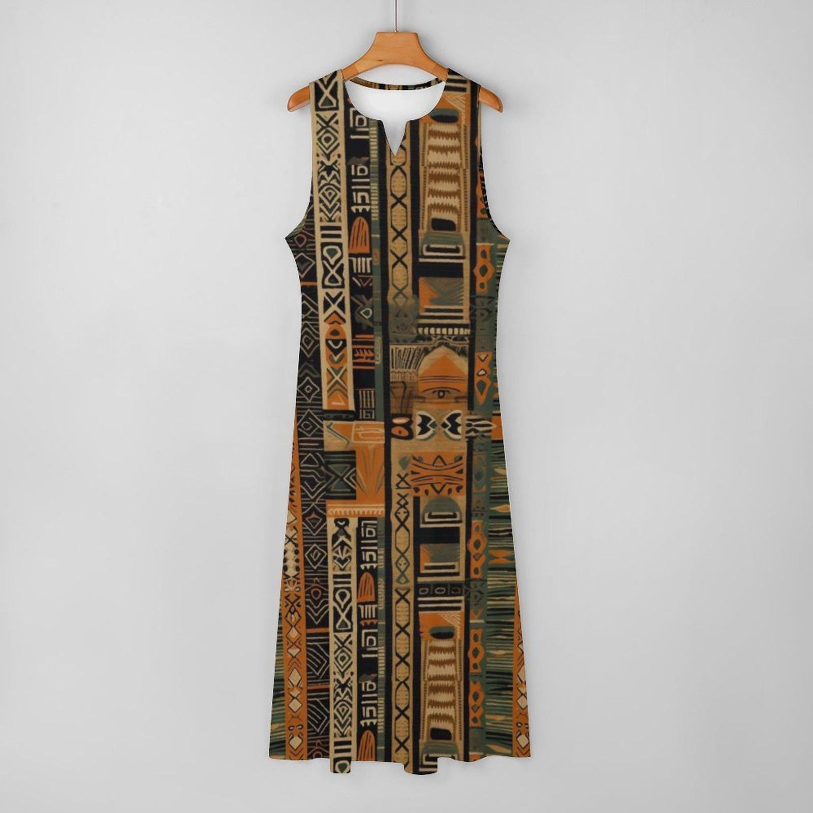 Earth Bound - Womens - Sleeveless Ankle-length Dress - African- mud cloth Pattern