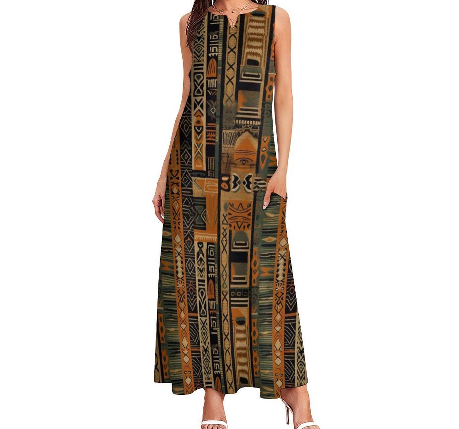 Earth Bound - Womens - Sleeveless Ankle-length Dress - African- mud cloth Pattern - Dresses - KumbatiaKulture