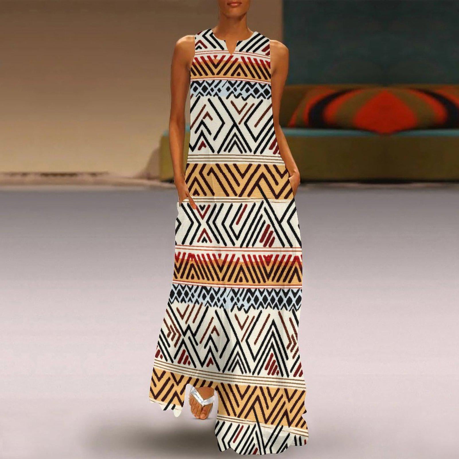 Africa - Womens - Sleeveless Ankle-length Dress - African - Mud cloth Pattern