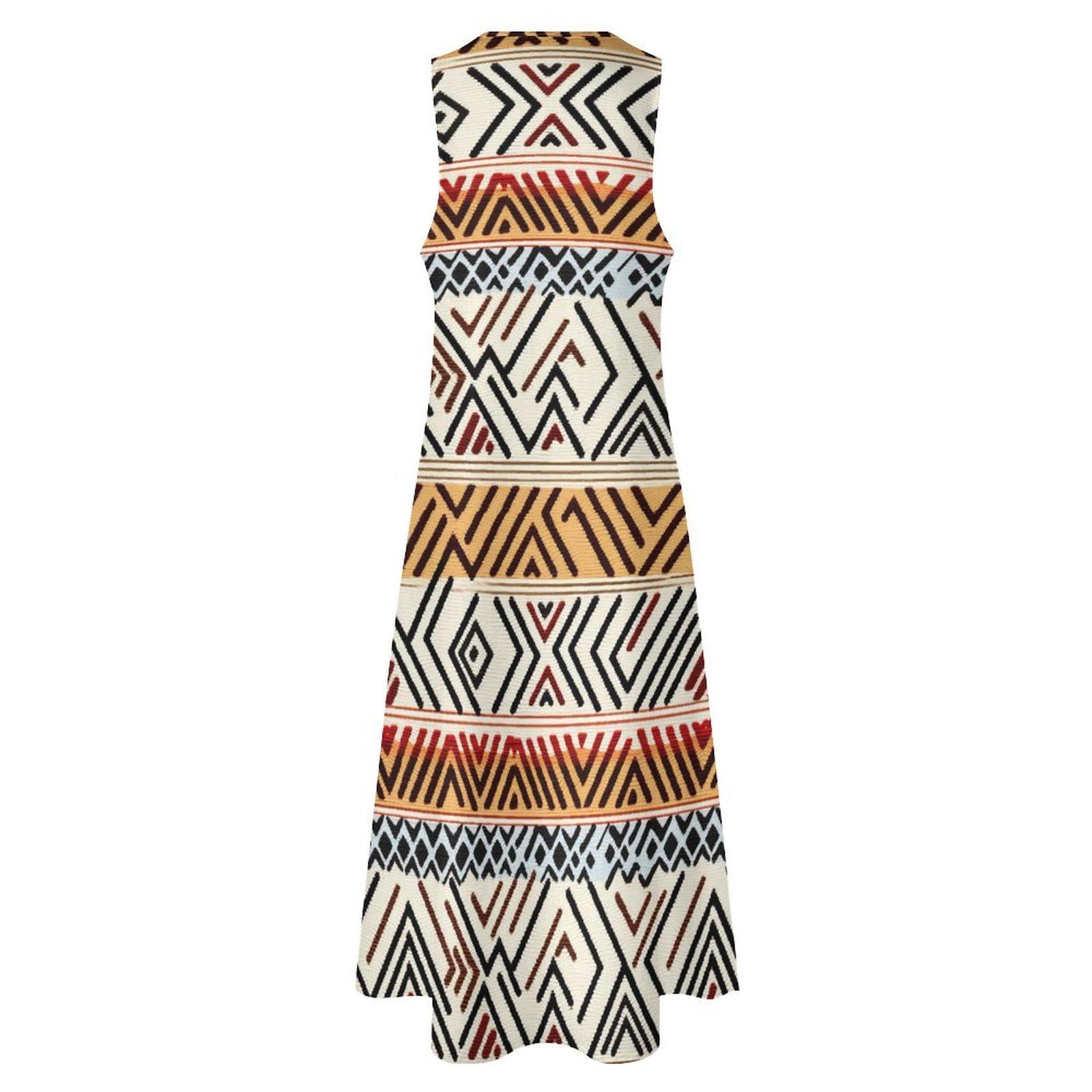 Africa - Womens - Sleeveless Ankle-length Dress - African - Mud cloth Pattern