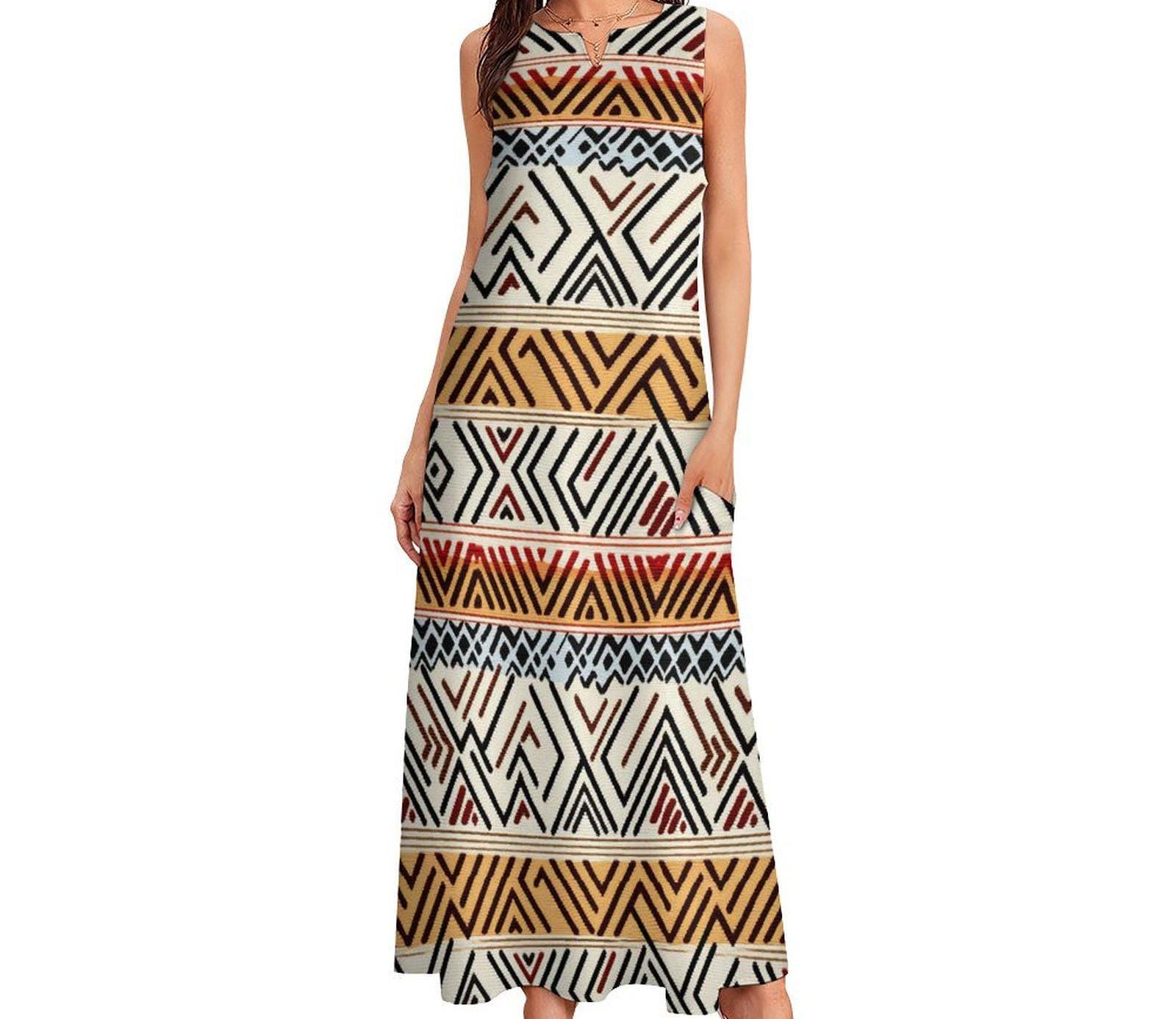 Africa - Womens - Sleeveless Ankle-length Dress - African - Mud cloth Pattern - Dresses - KumbatiaKulture