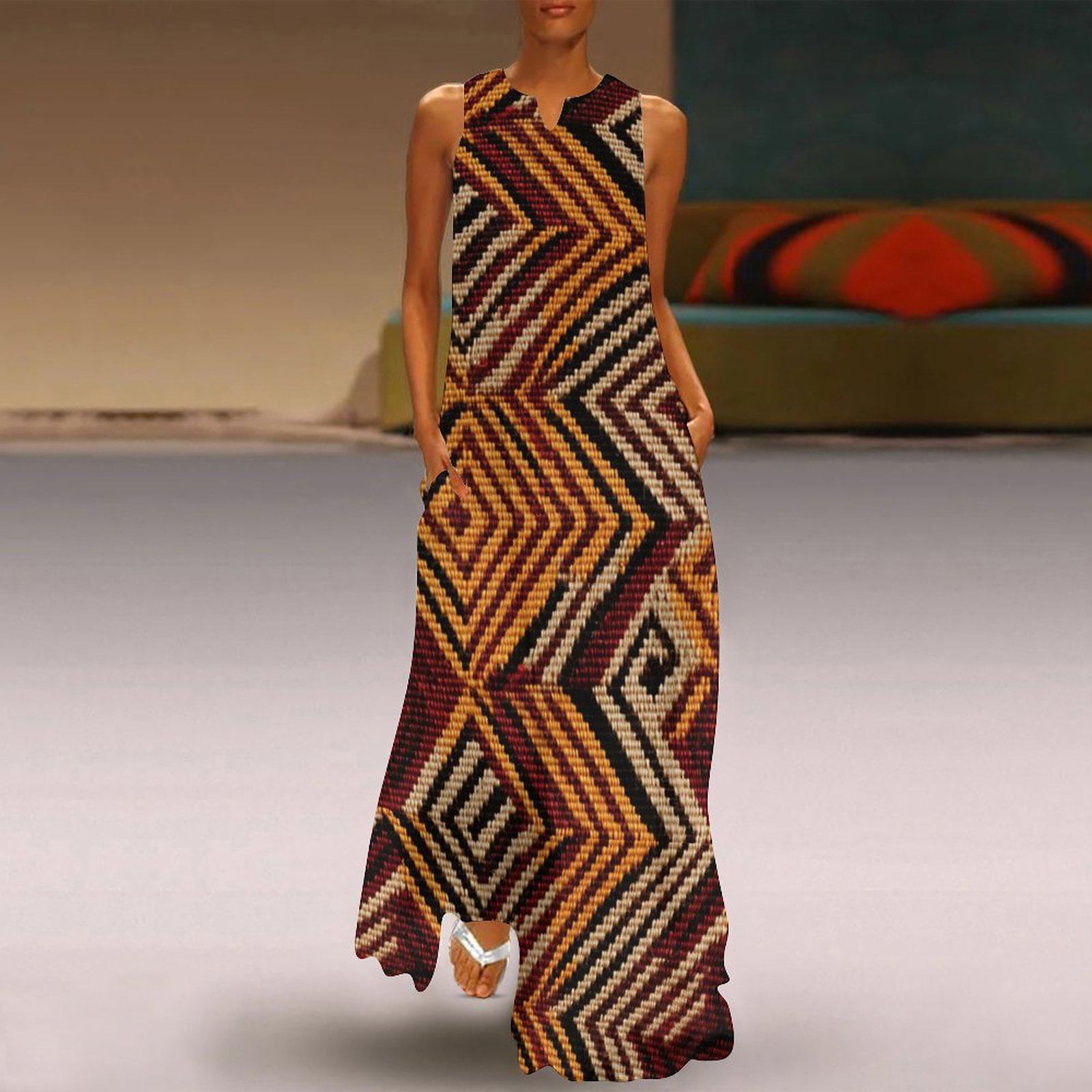 Mud Slide - Womens - Sleeveless Ankle-length Dress - African - Mud cloth Pattern