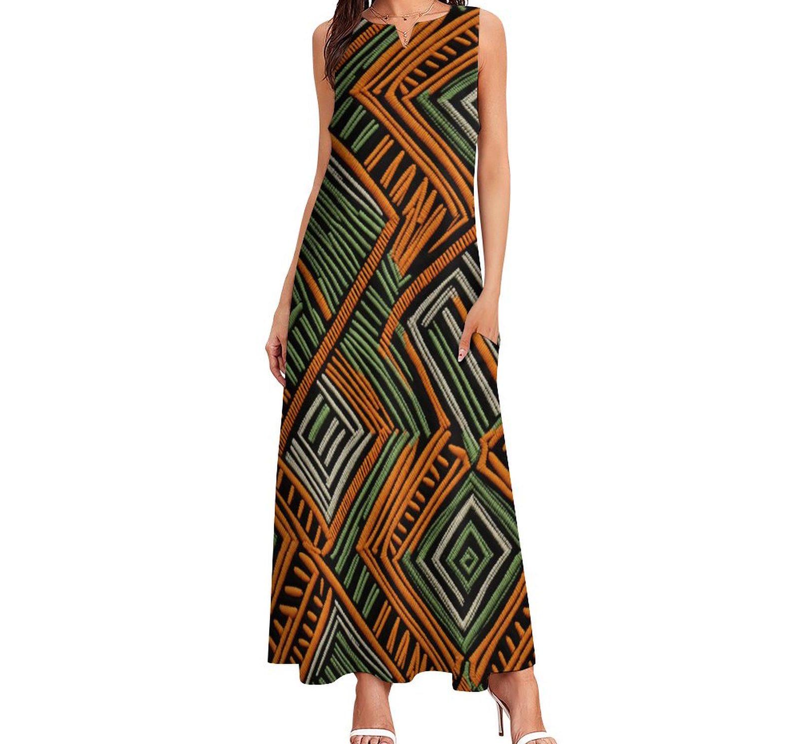 Osan - Womens - Sleeveless - Orange and Green Ankle-length Dress - Mud cloth Pattern