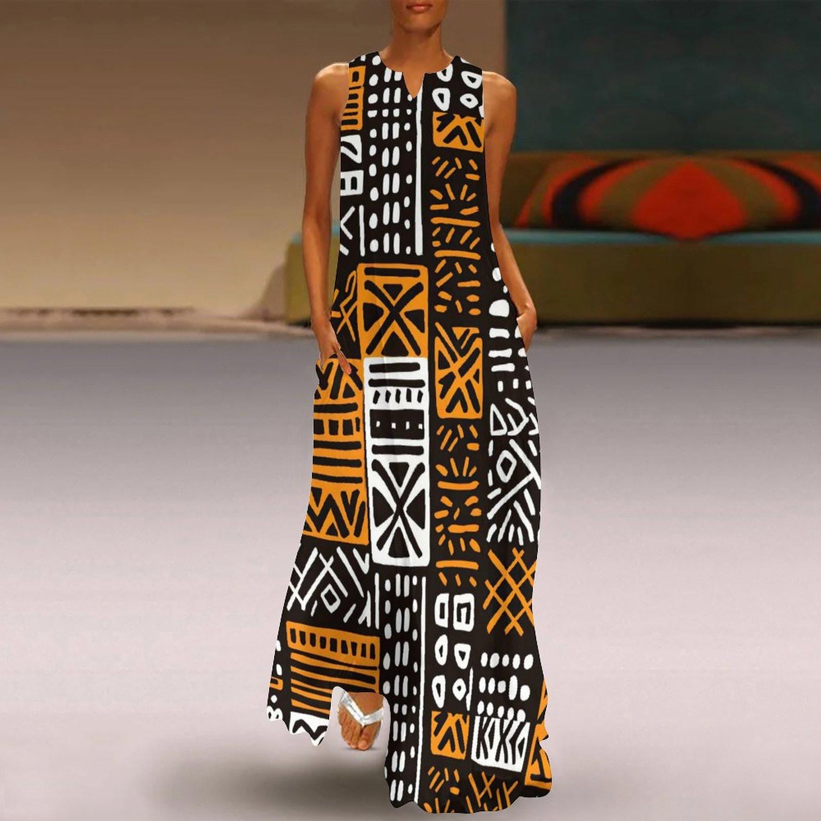 Machungwa - Womens - Sleeveless Ankle-length Dress - African Mud cloth Pattern