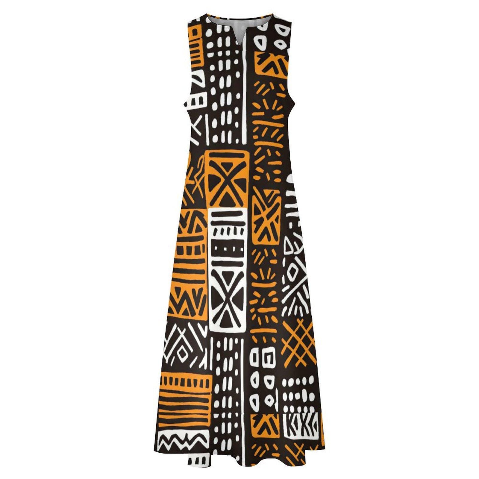 Machungwa - Womens - Sleeveless Ankle-length Dress - African Mud cloth Pattern