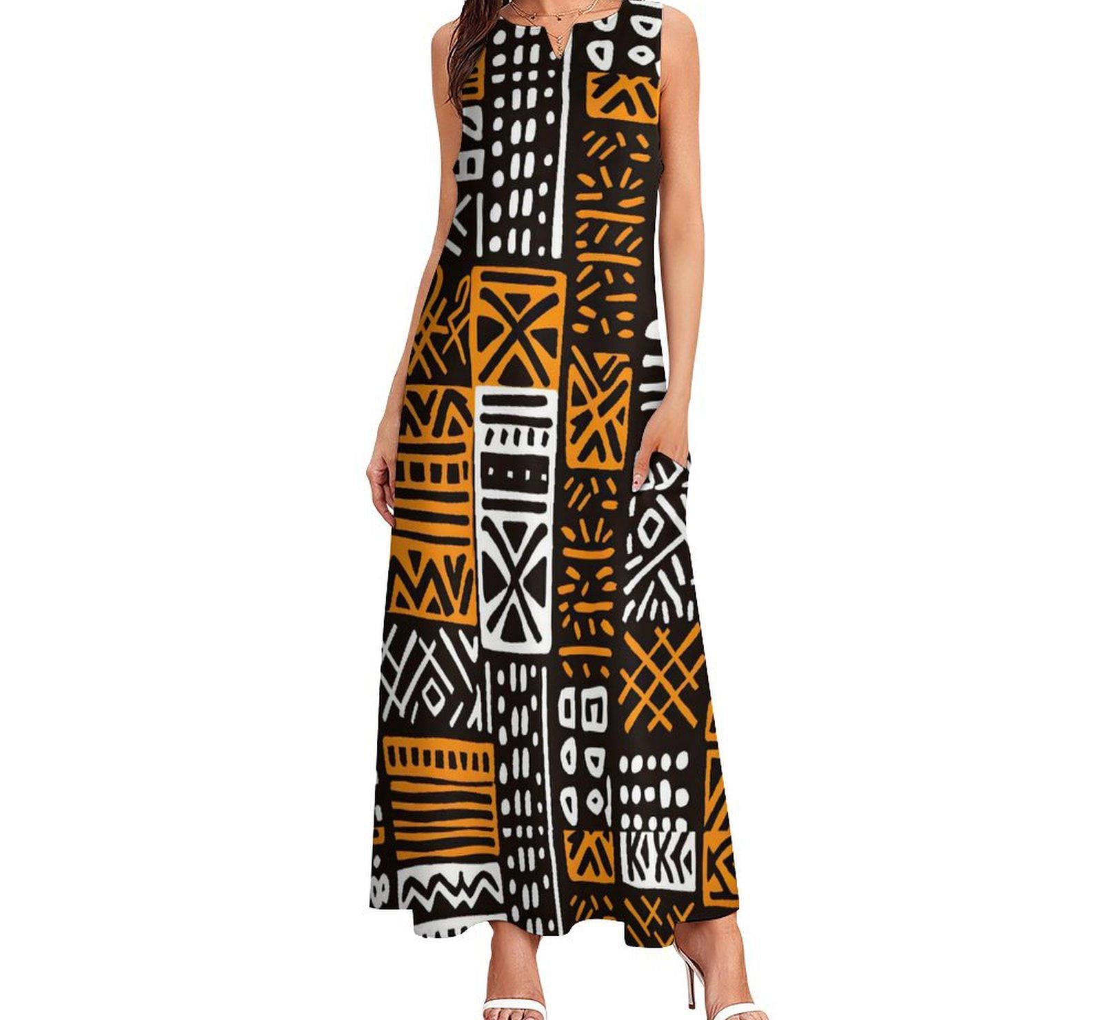 Machungwa - Womens - Sleeveless Ankle-length Dress - African Mud cloth Pattern - Dresses - KumbatiaKulture