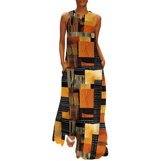 Night Fall - Womens - -Sleeveless Ankle-length Dress - African - Mud cloth Pattern