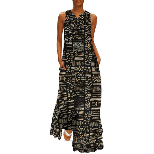 Midnight - Womens - Sleeveless Ankle-length Dress - African - mud cloth Pattern