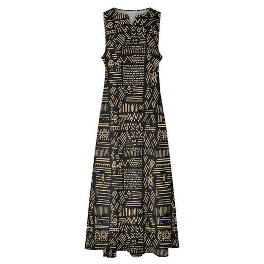 Midnight - Womens - Sleeveless Ankle-length Dress - African - mud cloth Pattern