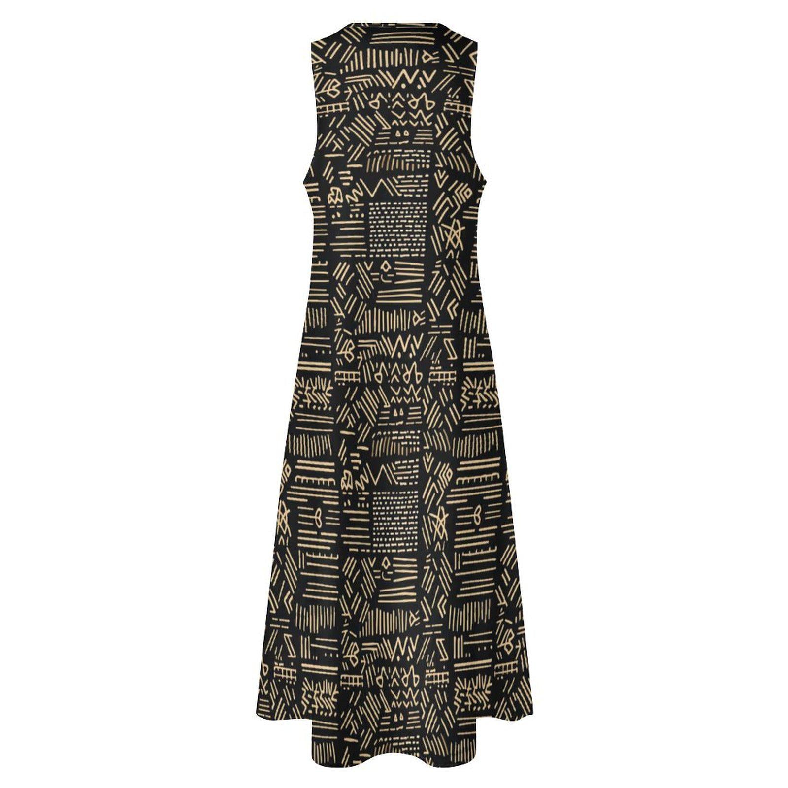 Midnight - Womens - Sleeveless Ankle-length Dress - African - mud cloth Pattern