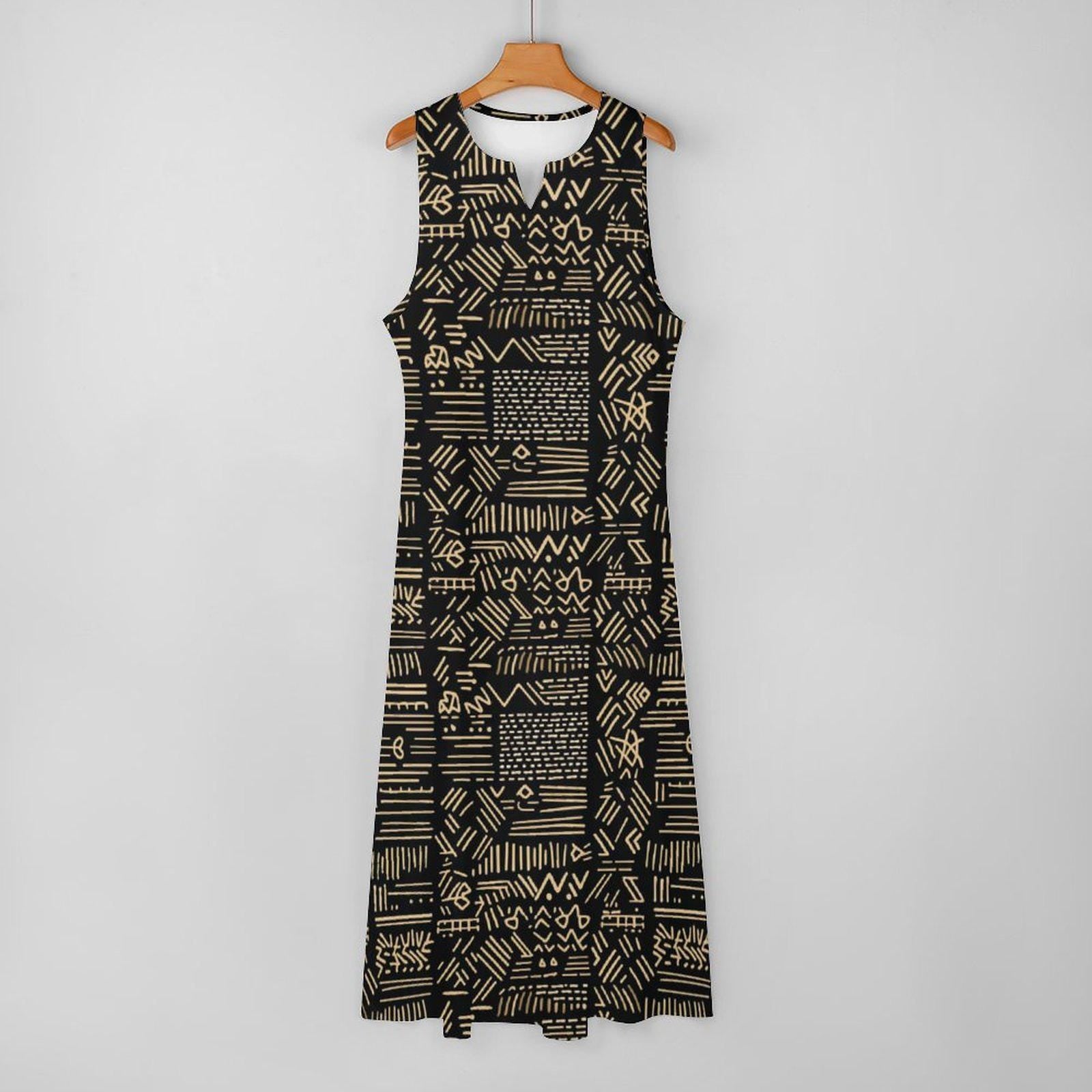 Midnight - Womens - Sleeveless Ankle-length Dress - African - mud cloth Pattern