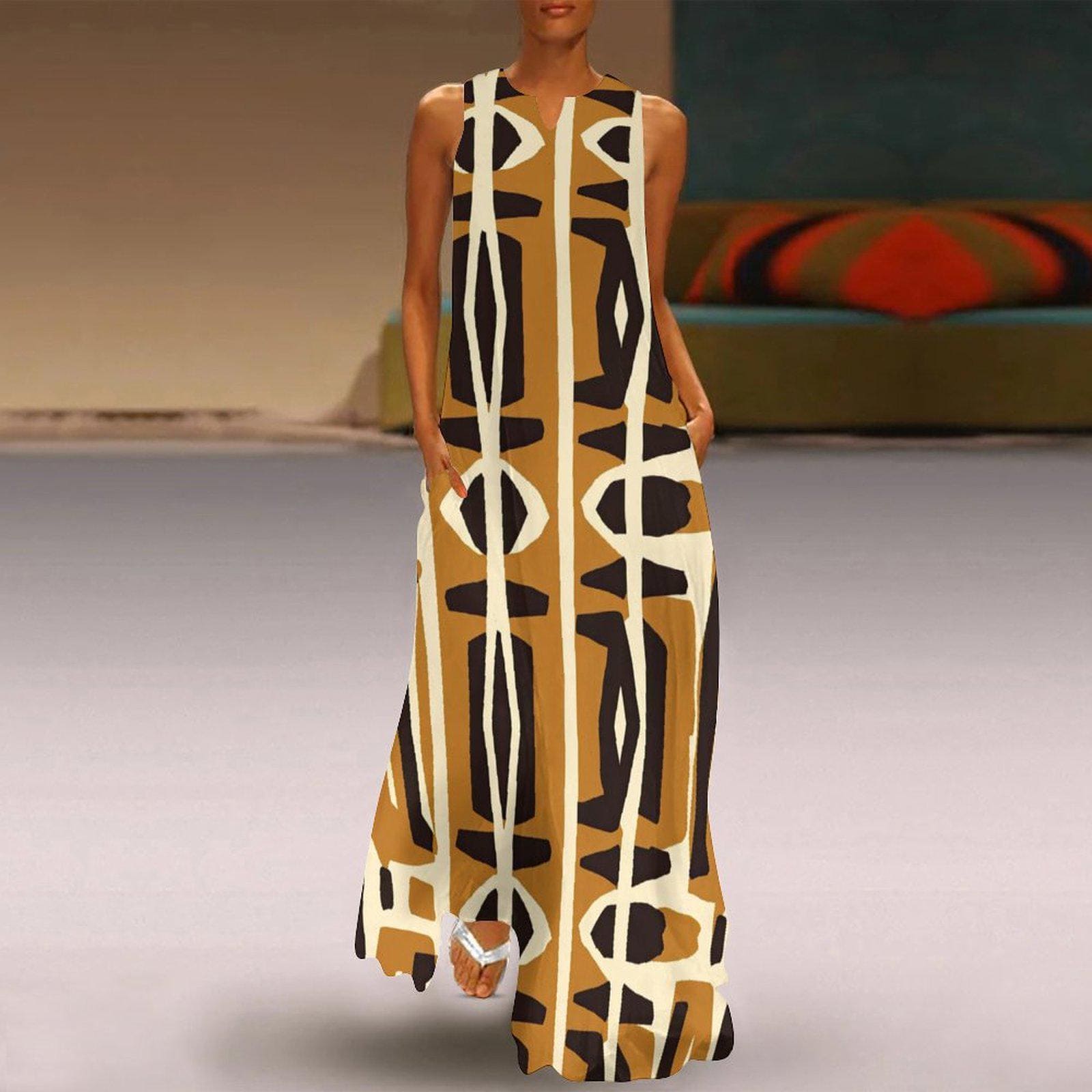 Sands - Womens - Sleeveless Ankle-length Dress - African - Mud cloth Pattern