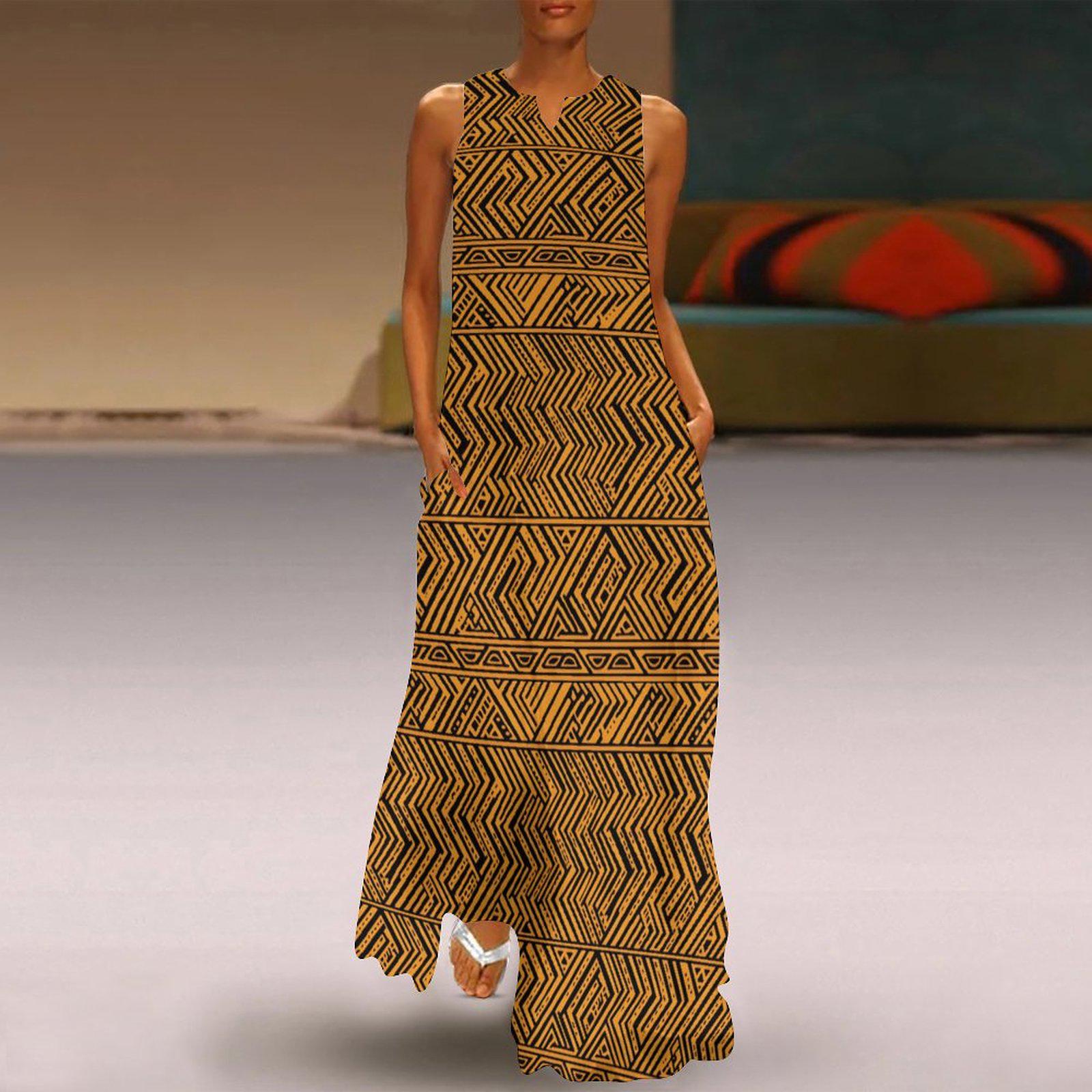 Burnt Sun - Womens - Sleeveless Ankle-length Dress - African Mudcloth Pattern