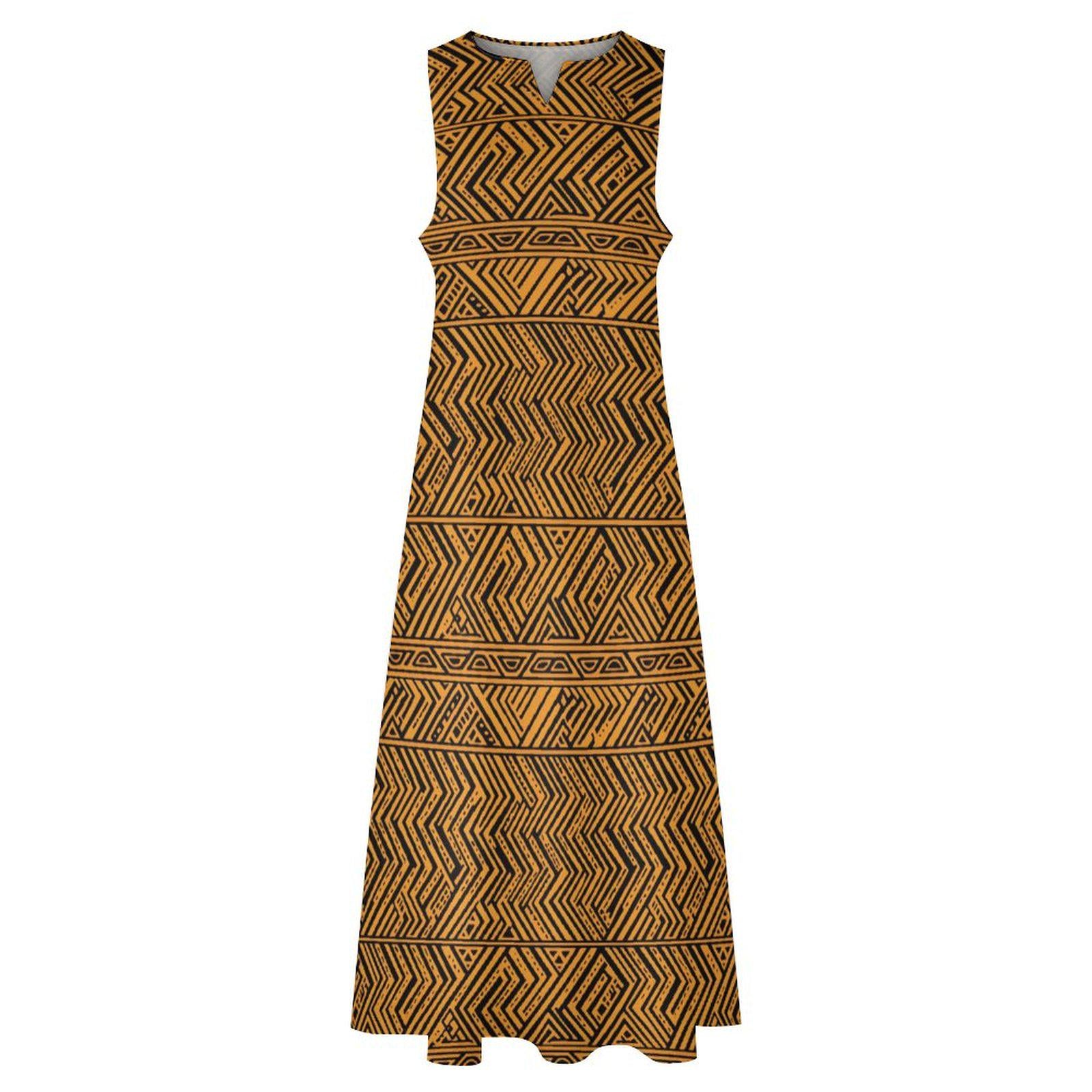 Burnt Sun - Womens - Sleeveless Ankle-length Dress - African Mudcloth Pattern