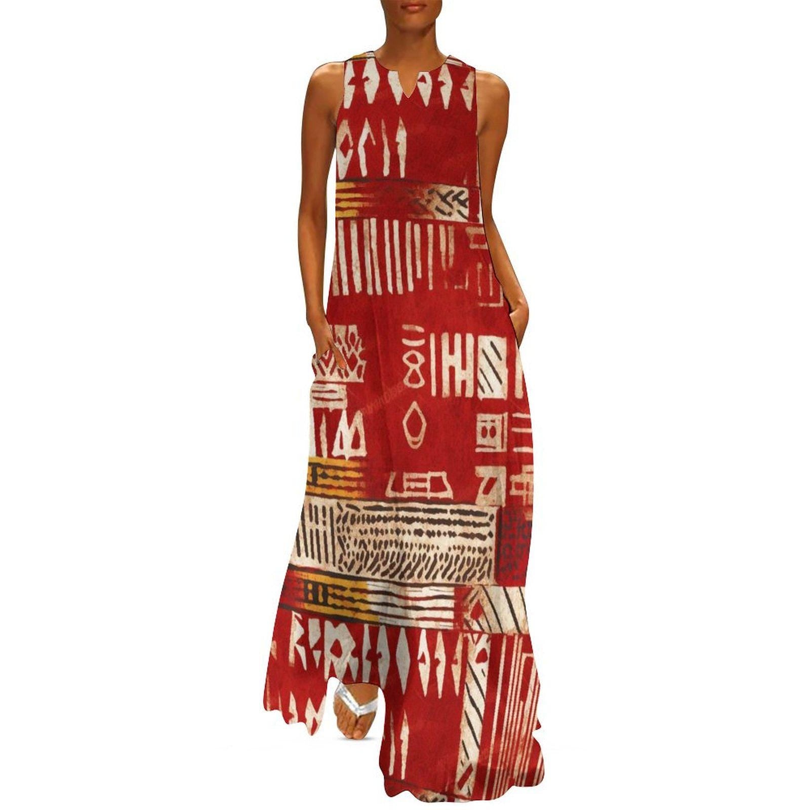 Red Haven -  Womens - Sleeveless Ankle-length Dress - African - Mud cloth Pattern