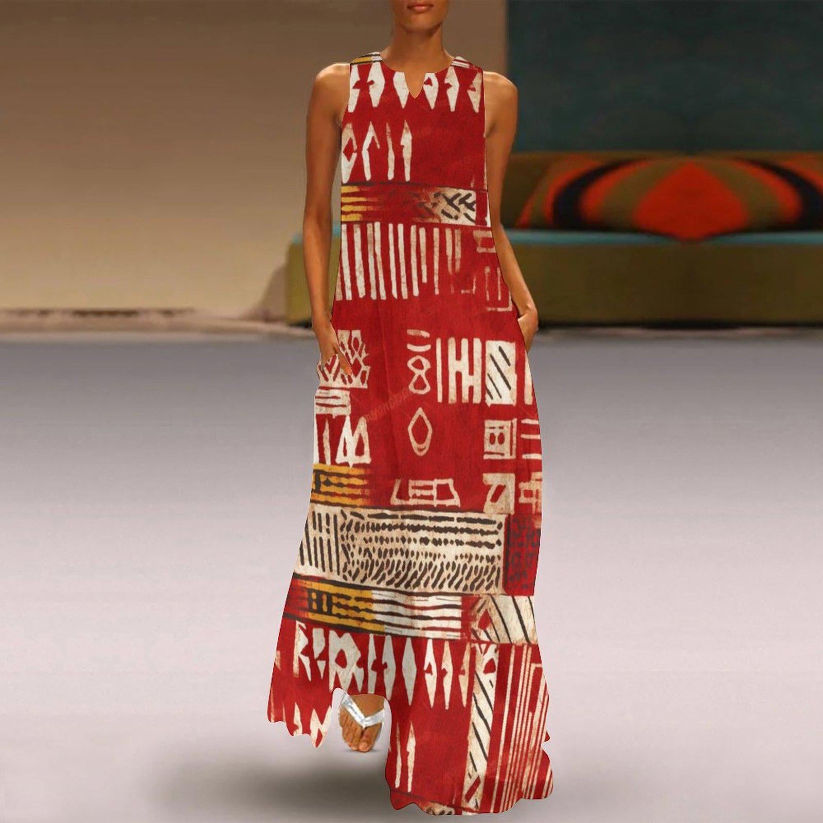 Red Haven -  Womens - Sleeveless Ankle-length Dress - African - Mud cloth Pattern