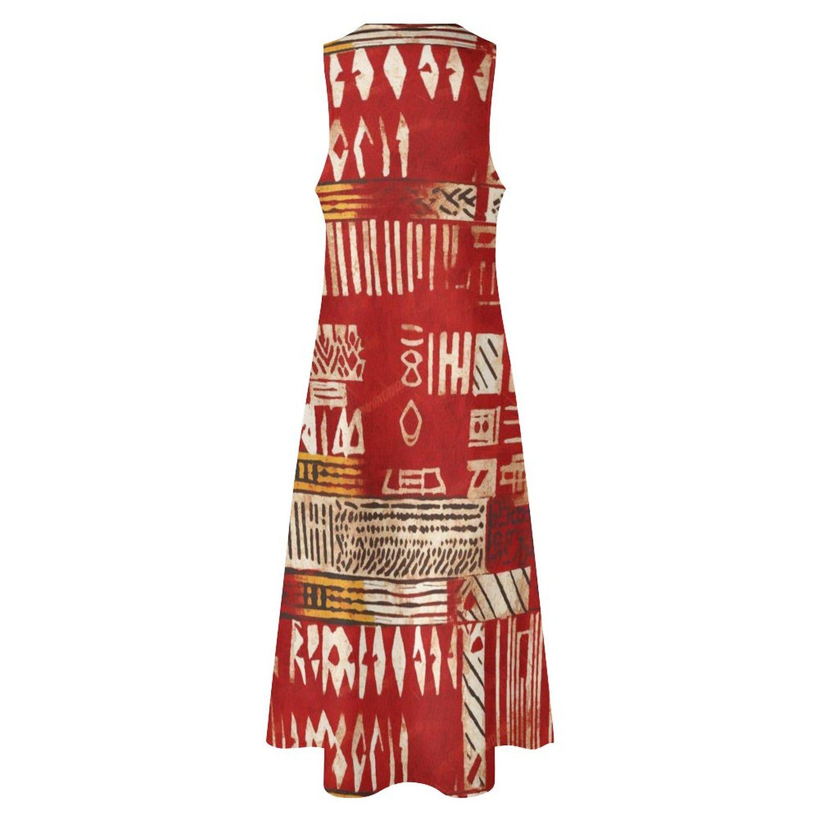 Red Haven -  Womens - Sleeveless Ankle-length Dress - African - Mud cloth Pattern