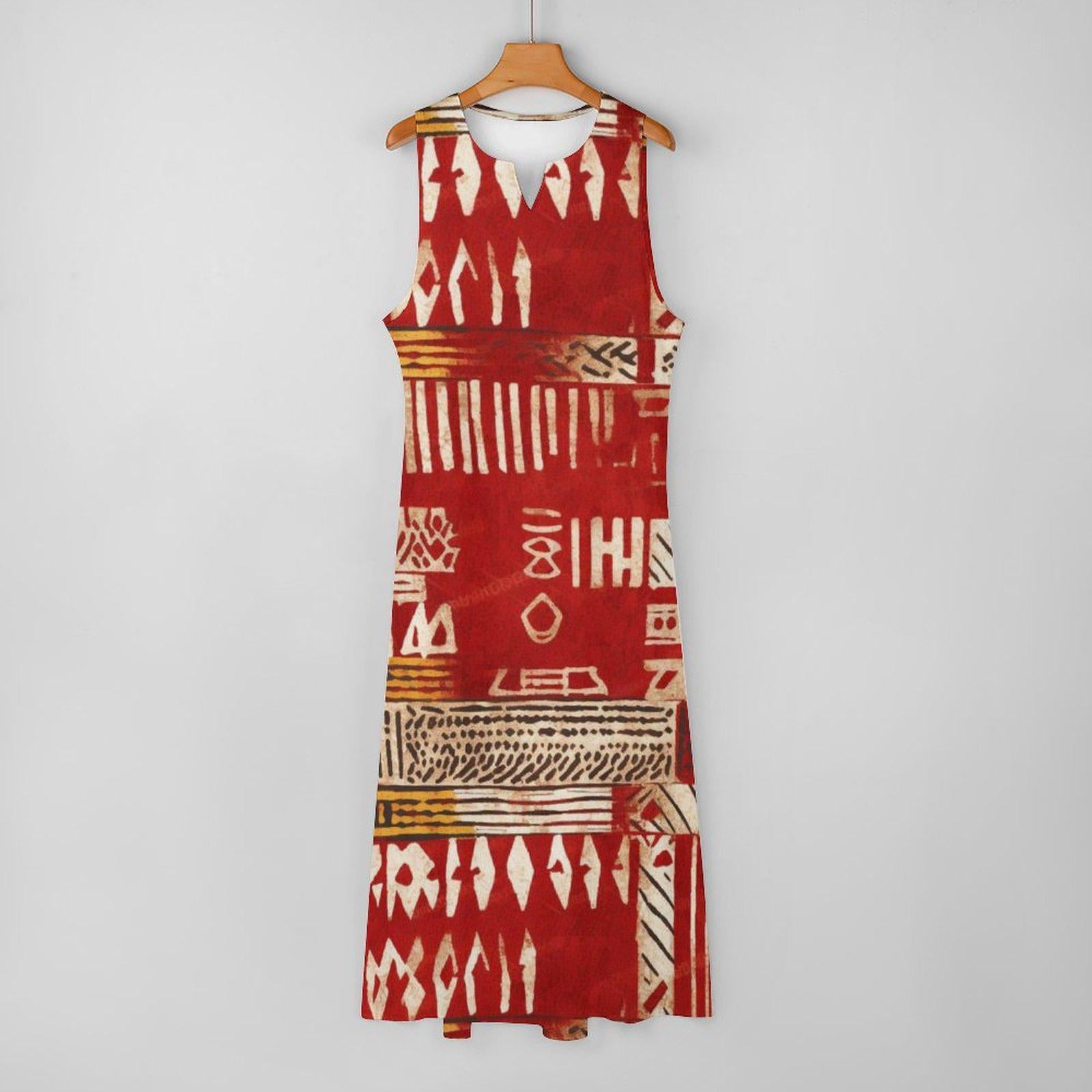 Red Haven -  Womens - Sleeveless Ankle-length Dress - African - Mud cloth Pattern