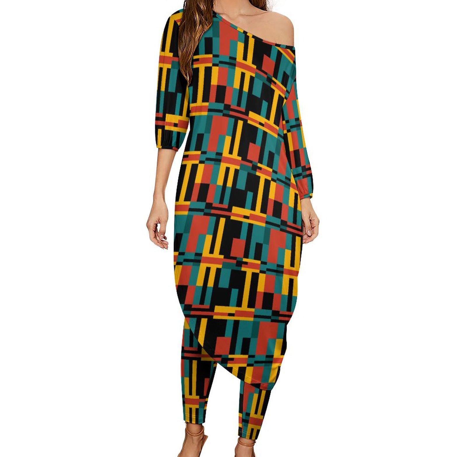 Night lights - Womens - off Shoulder Two Piece Set - African - Kente Pattern