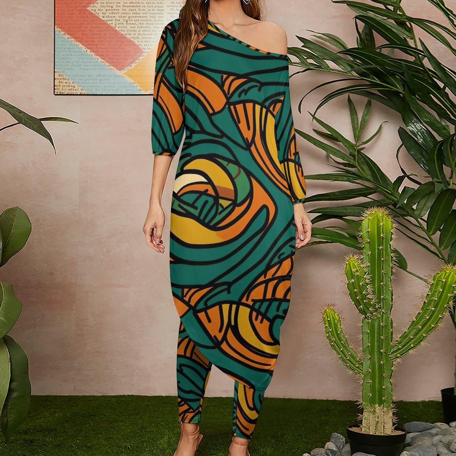 Green Waves - Womens - Shoulder - Kurta - Kurti - Two Piece Set - African Ankara Pattern