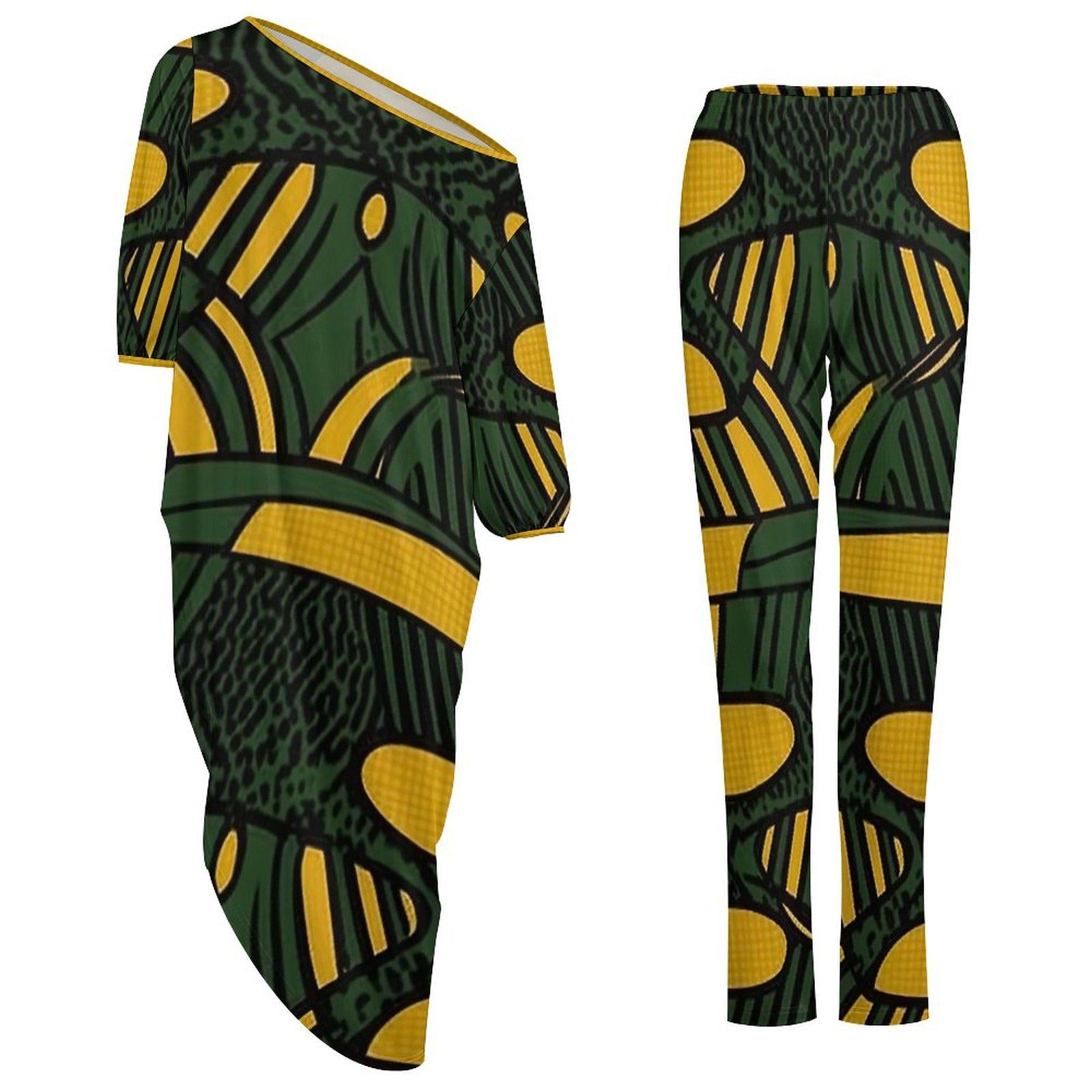 Golden Green - Womens - Shoulder - Kurta - Kurti - Two Piece Set - African - Ankara Pattern