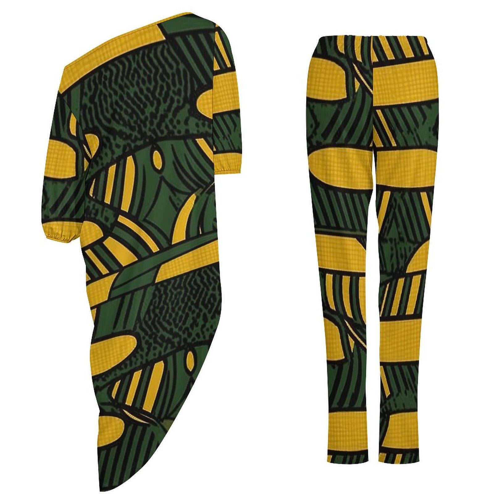 Golden Green - Womens - Shoulder - Kurta - Kurti - Two Piece Set - African - Ankara Pattern