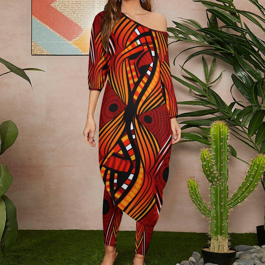 Flames - Womens - Shoulder - Kurta - Kurti - Two Piece Set - African - Ankara Pattern