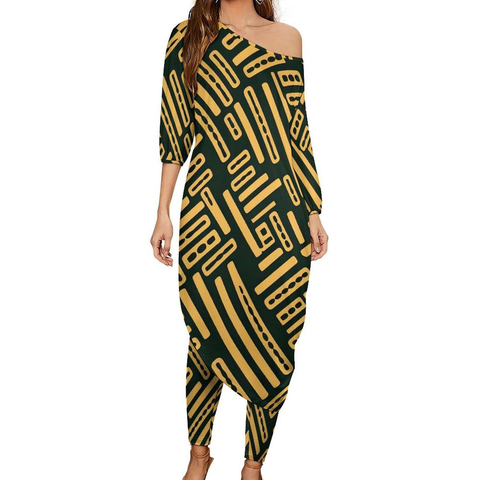 Midnight Yellow - Womens - Shoulder - Kurta - Kurti - Two Piece Set - African Ankara Pattern - Suits - KumbatiaKulture