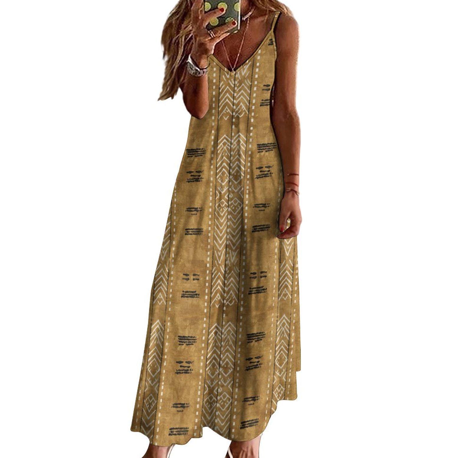 Kahawia - Womens - Ankle-length Slip Dress - African - Mud Cloth Pattern