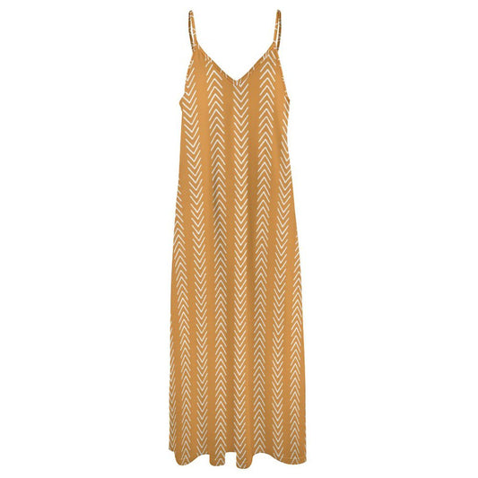 Honey Yellow - Womens - Ankle-length Slip Dress - African -  Mud Cloth Pattern