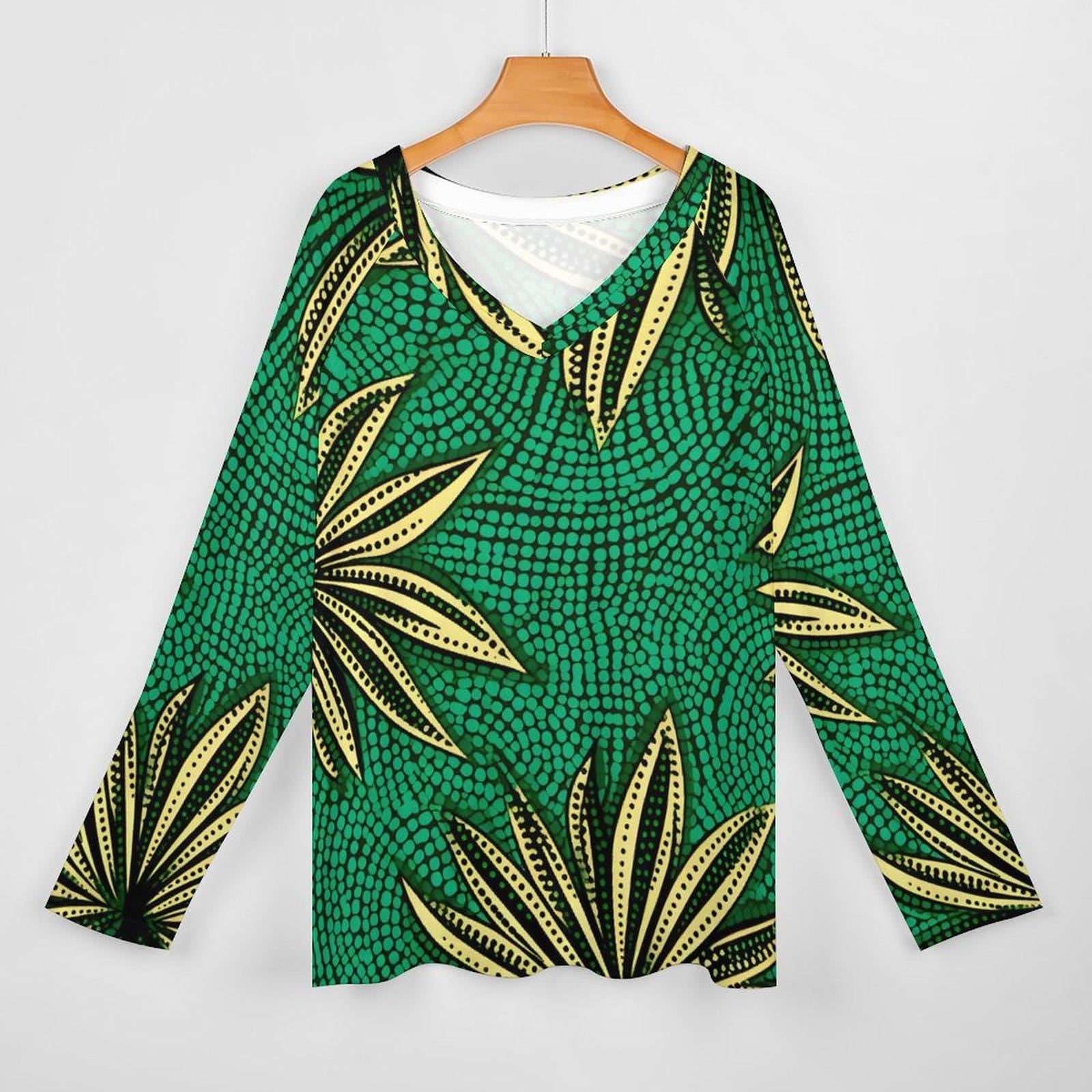 Botanical Green - Women - V- neck Loose Long Sleeve TShirt - African - Ankara Pattern