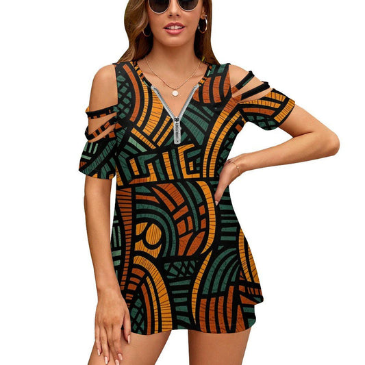 Wild Fire - Womens - Zipper Shirt - African - Ankara Pattern - T-shirts - KumbatiaKulture