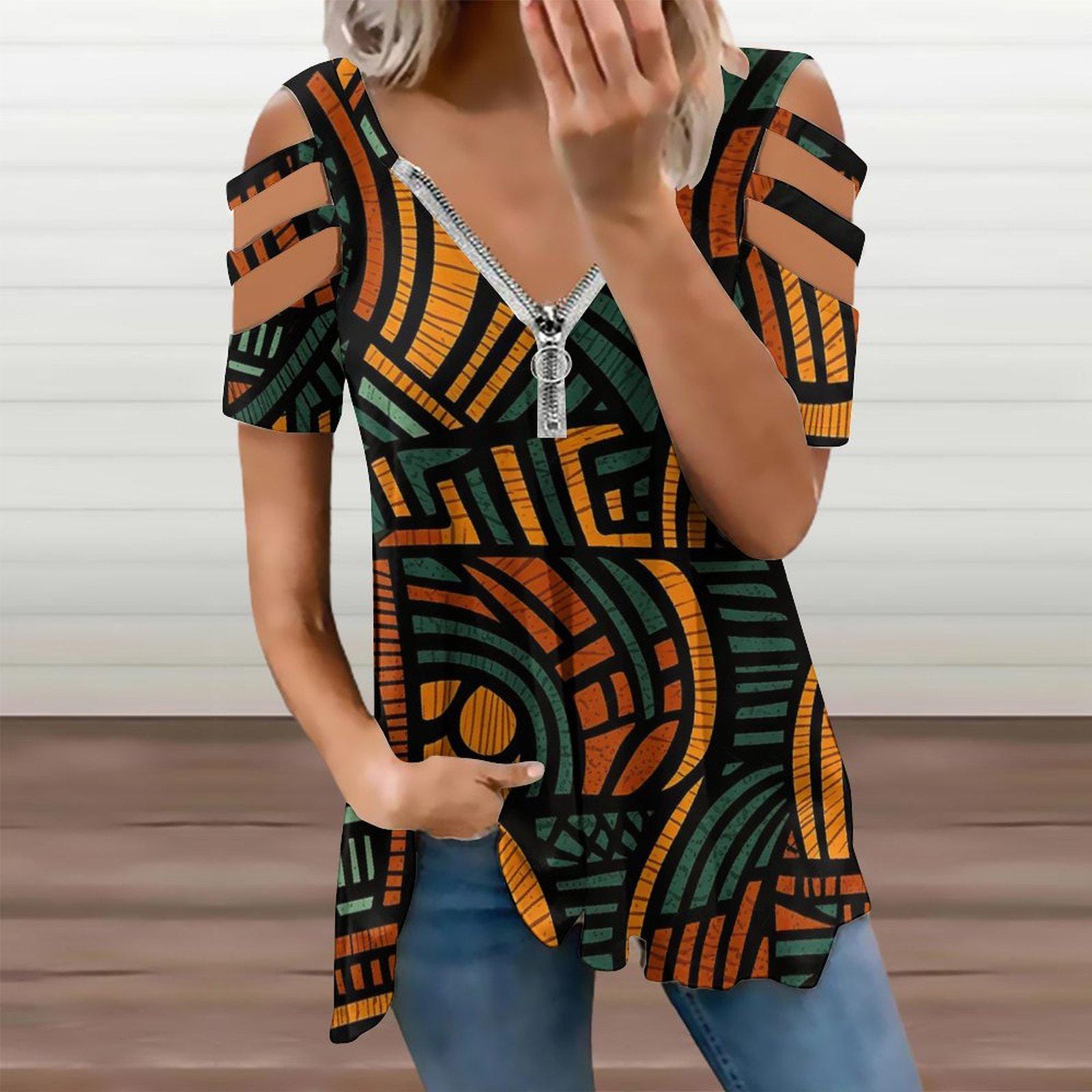 Wild Fire - Womens - Zipper Shirt - African - Ankara Pattern - T-shirts - KumbatiaKulture