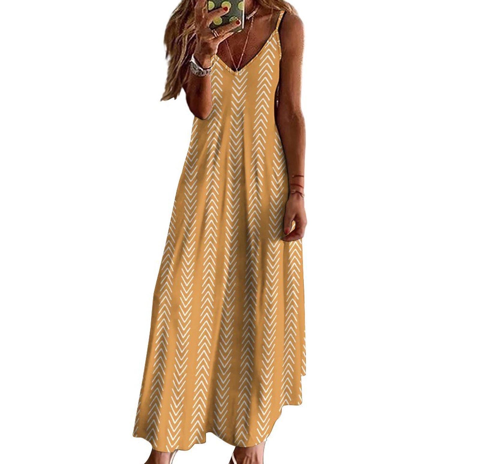 Honey Yellow - Womens - Ankle-length Slip Dress - African -  Mud Cloth Pattern