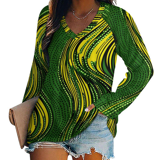 Botanical Green - Women - V- neck Loose Long Sleeve TShirt - African - Ankara Pattern