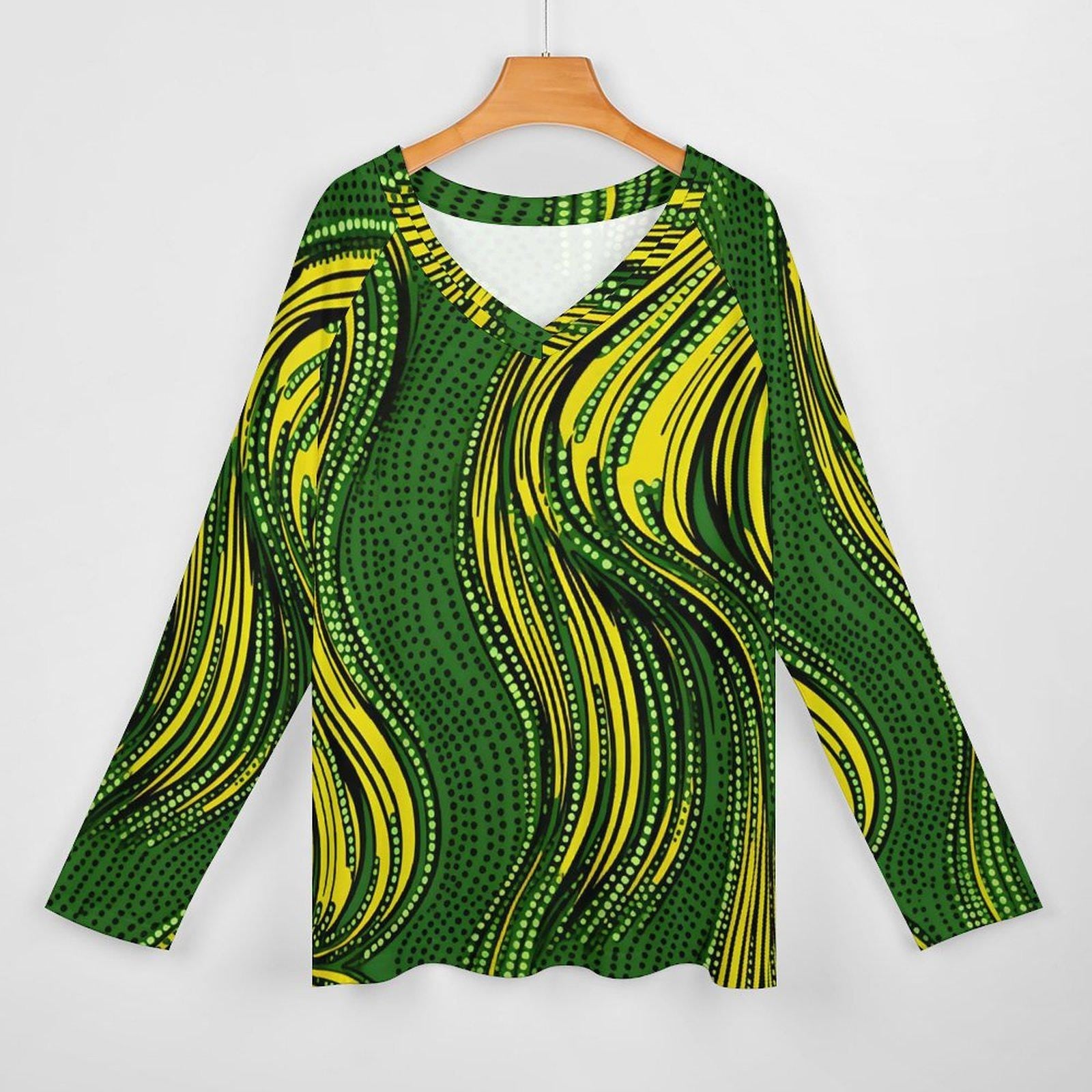 Botanical Green - Women - V- neck Loose Long Sleeve TShirt - African - Ankara Pattern