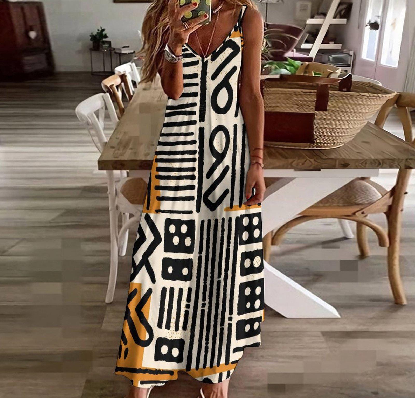 Afrocentric Jamila - Womens - Ankle-length Slip Dress - African - Mud Cloth Pattern